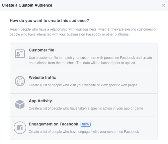 Elija entre cuatro categorías de audiencia personalizadas de Facebook.
