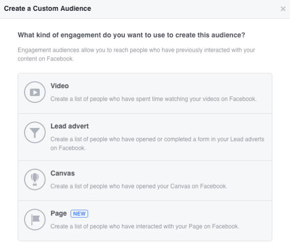 Facebook te permite crear cuatro audiencias personalizadas basadas en el compromiso.
