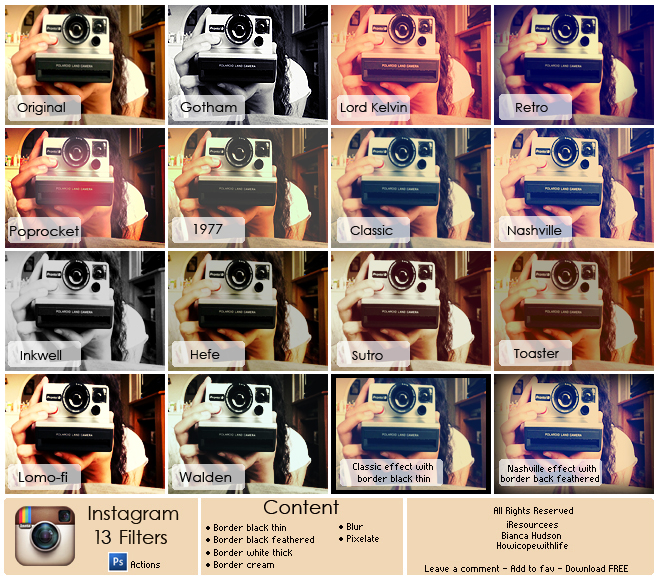 Acciones de Photoshop con 13 Filtros de efectos de Instagram