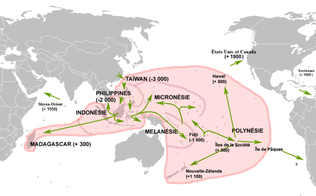 Un mapa de la expansión notablemente rápida de las lenguas austronesias.